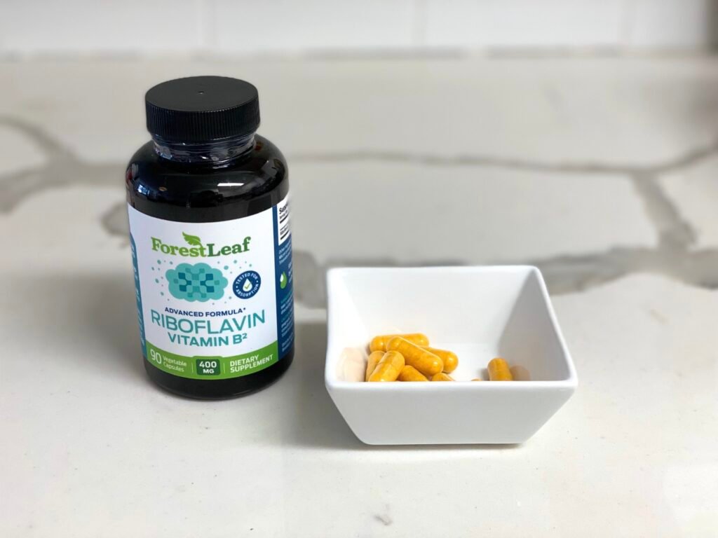 Ribofavin supplement bottle with actual capsule supplements